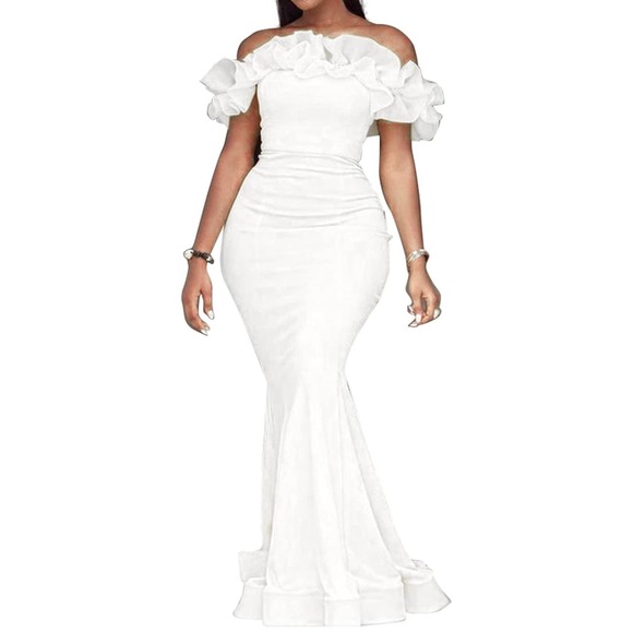 Cololura Sexy Long Off Shoulder Ruffles Stringy Selvedge Mermaid Bodycon Dress - Picture 15 of 15